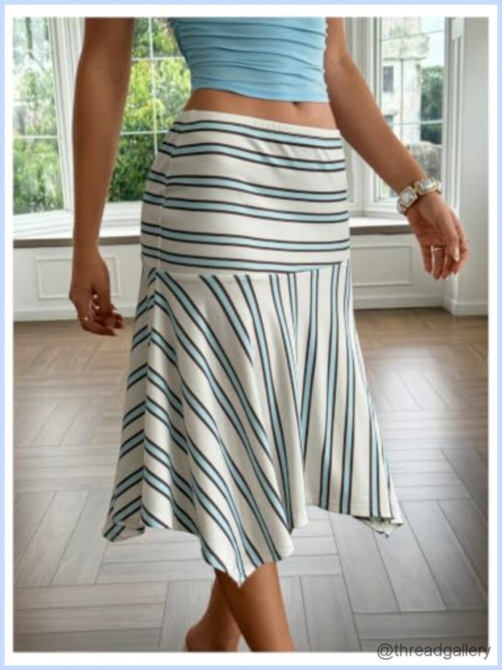 Women's Striped Flowy Midi Skirt Low Rise Asymmetrical High Low Hem - Picture 3 of 4